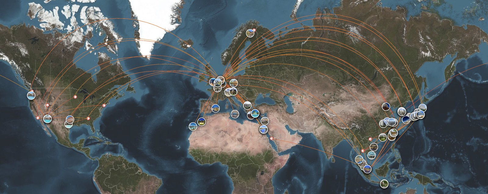 A world map of twelve years of one traveller's flights, drawn as orange arcs radiating from Amsterdam across Europe, Asia and North America, with hotel pins on the cities.