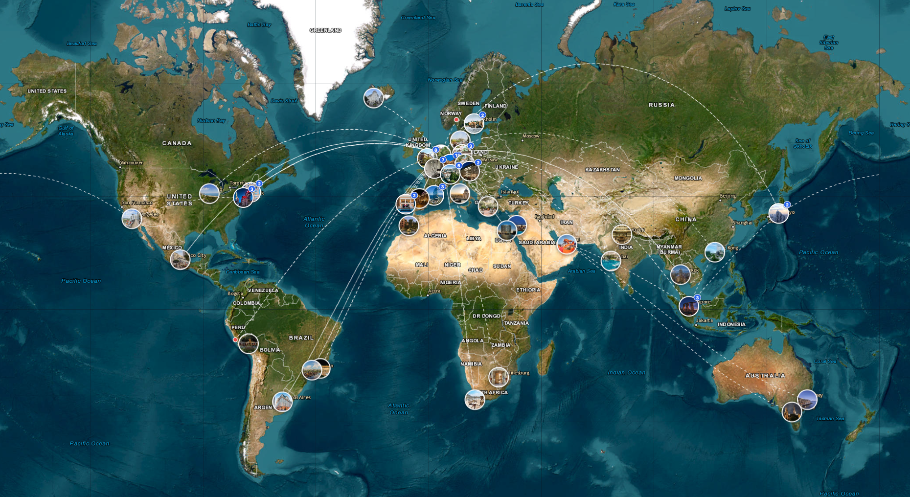 Your lifetime travel map — routes and pins across the world
