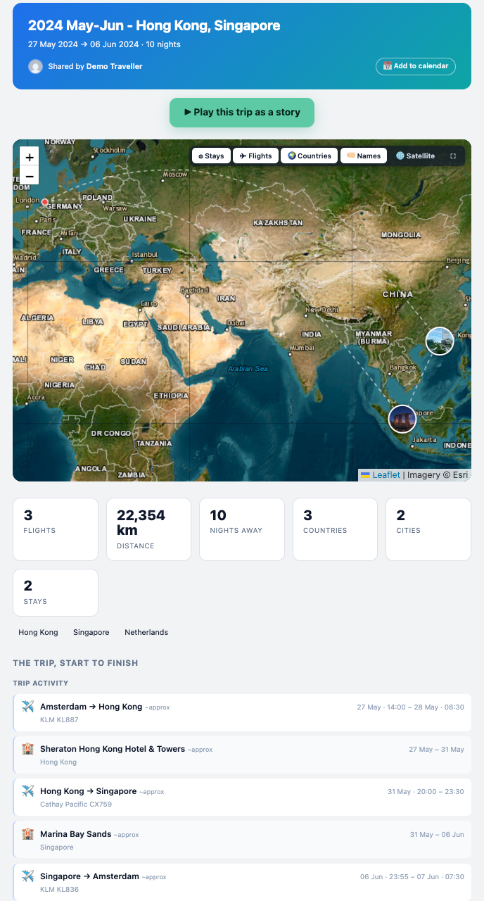 A shared trip recap — map, stats and itinerary